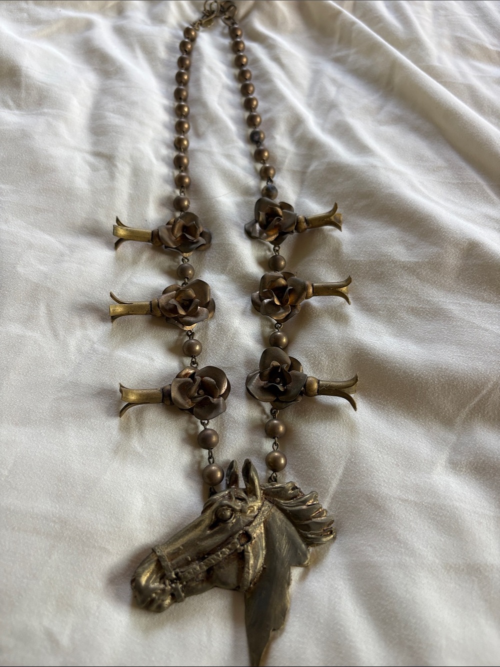 Rodeo Quincy Bronze- GOLD Tone Horse Head Necklace with Floral Link Accents